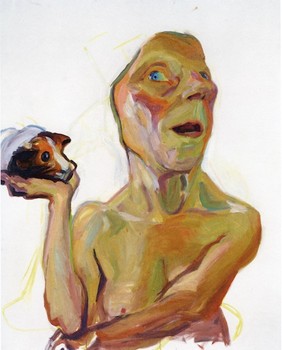 Lassnig frequently creates distorted figures whose uncanny stares can seem all too real. Above, 'Selbst mit Meerschweinchen,' from 2000/2001.